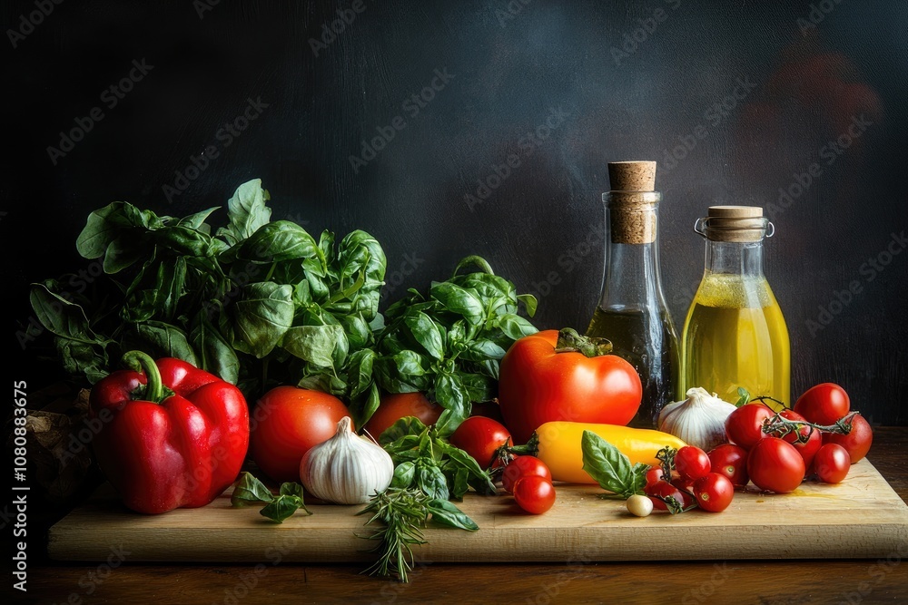 A Still Life of Fresh Vegetables, Herbs, and Olive Oil on a Wooden Cutting Board A Still Life of Fresh Vegetables, Herbs, and Olive Oil on a Wooden Cutting Board