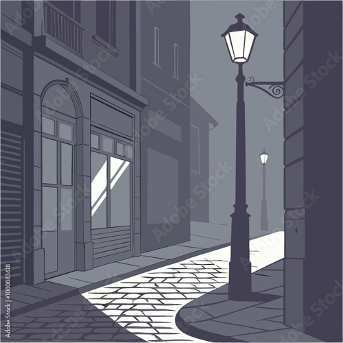 Evening scene of a quaint cobblestone street, lit by vintage street lamps.  Classic architecture creates a nostalgic atmosphere, ideal for vintage or travel themes.