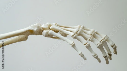 High-detail view of human hand skeletal bones, focusing on the fingers and wrist structure, displayed in a sterile medical environment. Ideal for anatomical study and educational purposes. photo