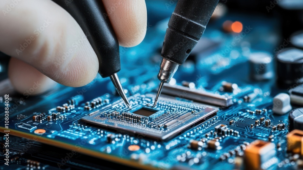 Technician working on circuit board with precision soldering tools Technician working on circuit board with precision soldering tools