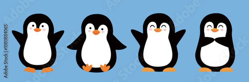 Set of cute penguins. Flat style vector illustration.