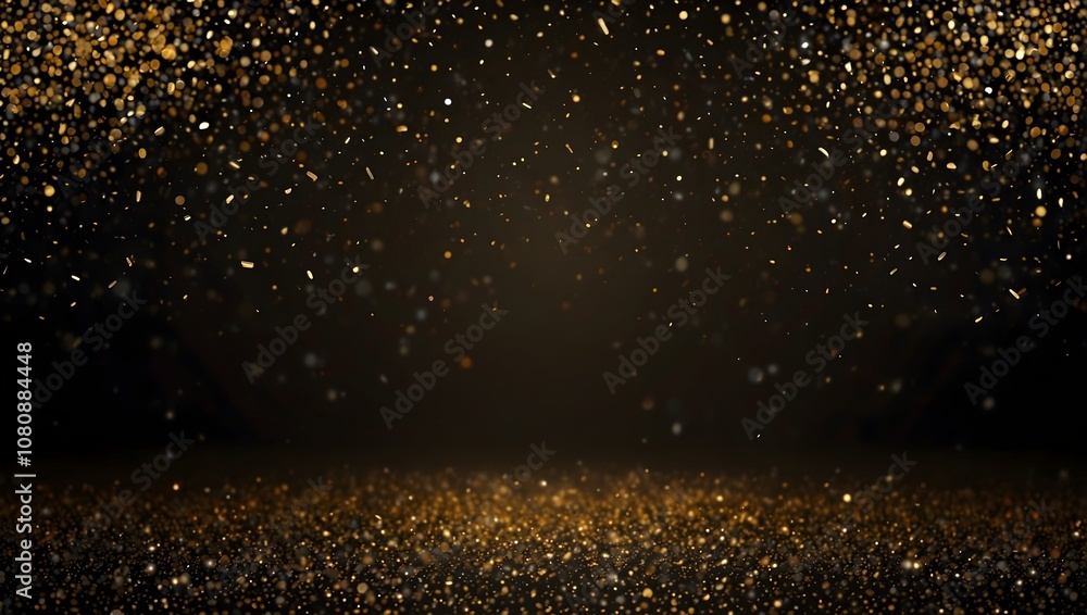 Fototapeta premium A dark background with a lot of gold glitter falling. A sparkly gold floor.