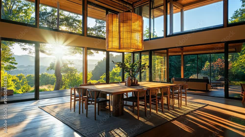 A large windowed dining room in a country house. A modern interior photo with a wooden dining table and chairs. Generative AI Video A large windowed dining room in a country house. A modern interior photo with a wooden dining table and chairs. Generative AI Video