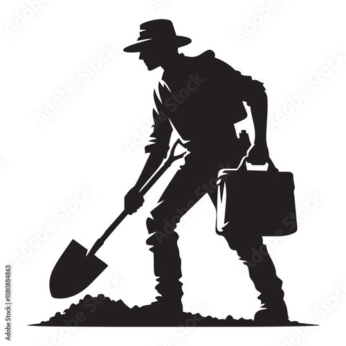 Archaeologist with a shovel silhouette vector art black color design and solid white background 
