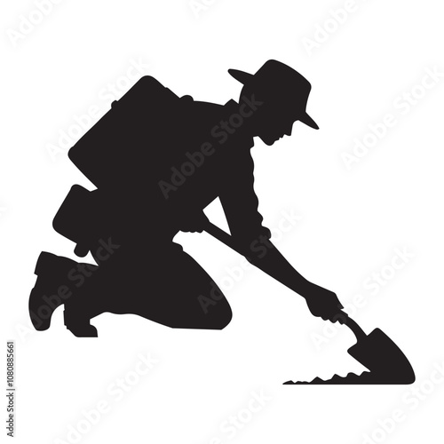 Archaeologist with a shovel silhouette vector art black color design and solid white background 