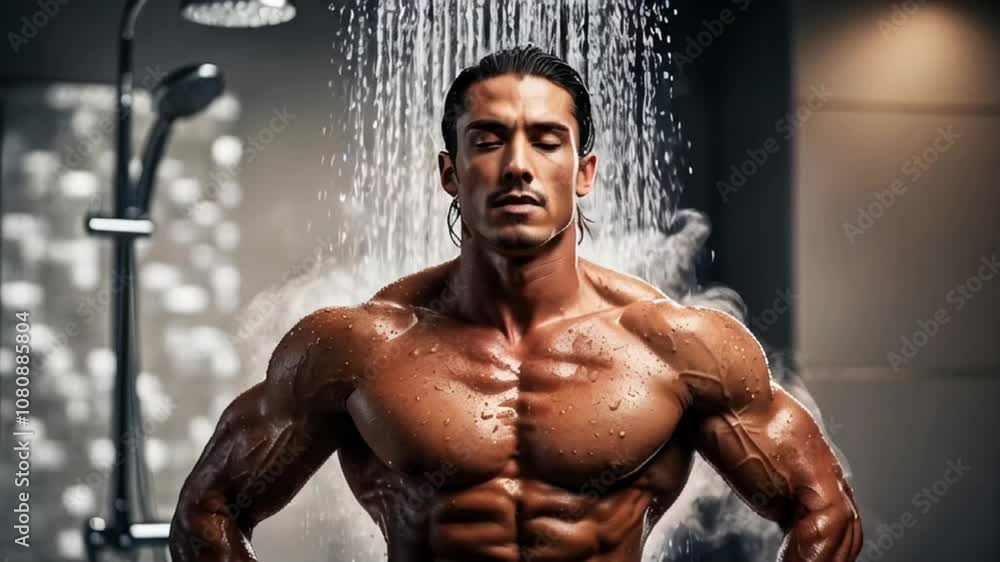 Strong muscular man in the shower, drops Strong muscular man in the shower, drops