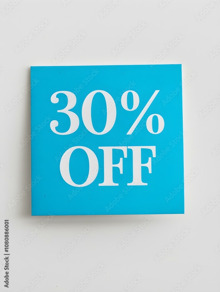 White '30% OFF' Text on a Cyan Square Paper Note. White Background White '30% OFF' Text on a Cyan Square Paper Note. White Background
