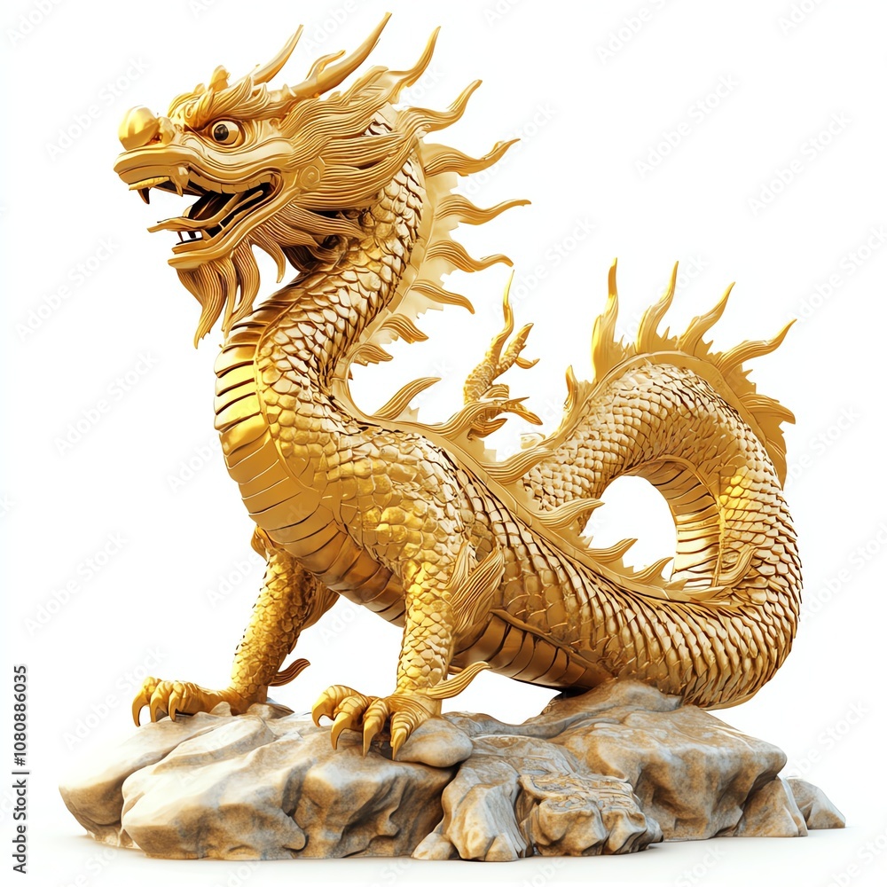 Golden dragon statue on a rock pedestal Golden dragon statue on a rock pedestal