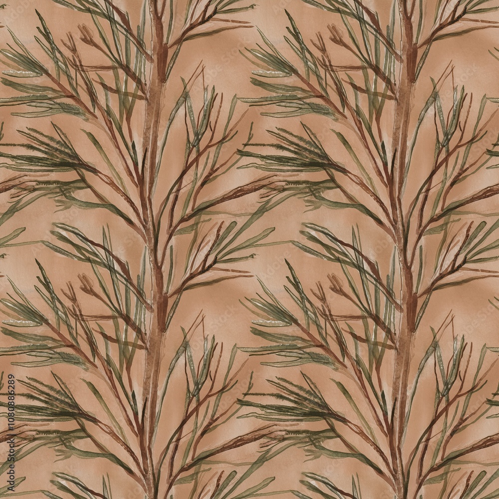 Obraz premium Earthy seamless botanical pattern with hand-drawn rustic evergreen branches and green needles against a warm tan background for wallpaper or fabric.