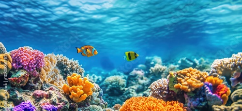 Vibrant coral reef ecosystem with colorful fish, diverse corals, and clear blue water, showcasing marine life and underwater beauty. photo