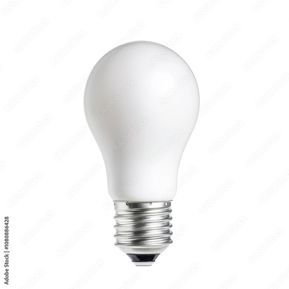 A simple, white light bulb with a silver base, commonly used for household lighting solutions and energy efficiency. A simple, white light bulb with a silver base, commonly used for household lighting solutions and energy efficiency.