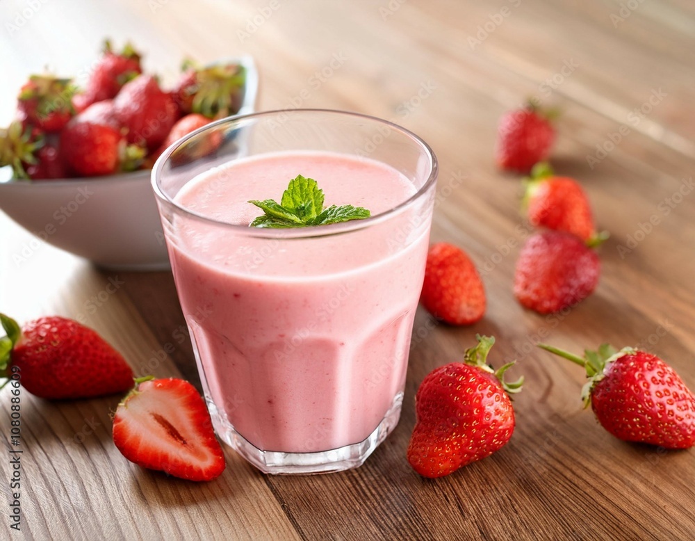 glass with strawberry smoothie or milkshake on wooden table glass with strawberry smoothie or milkshake on wooden table