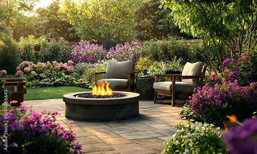 Cozy patio with a charming fire pit, string lights, and a view of a peaceful garden Cozy patio with a charming fire pit, string lights, and a view of a peaceful garden