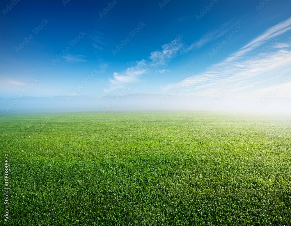 green grass field fading into foggy distance under blue sky green grass field fading into foggy distance under blue sky