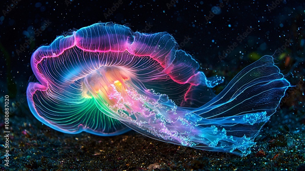 Fototapeta premium A captivating image of a glowing jellyfish drifting gracefully through dark waters. The iridescent colors and ethereal beauty create a mesmerizing aquatic scene.