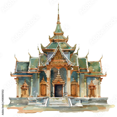 A watercolor of a Temple, isolated on a white background. Temple vector.