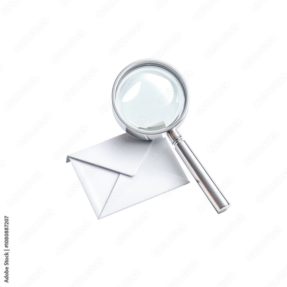A magnifying glass rests on an envelope, symbolizing examination, investigation, or the pursuit of information.
