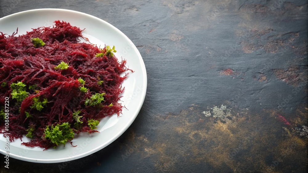 A plate of maroon-colored algae and slimy sediment, marine life, ocean floor features, wet sediments A plate of maroon-colored algae and slimy sediment, marine life, ocean floor features, wet sediments