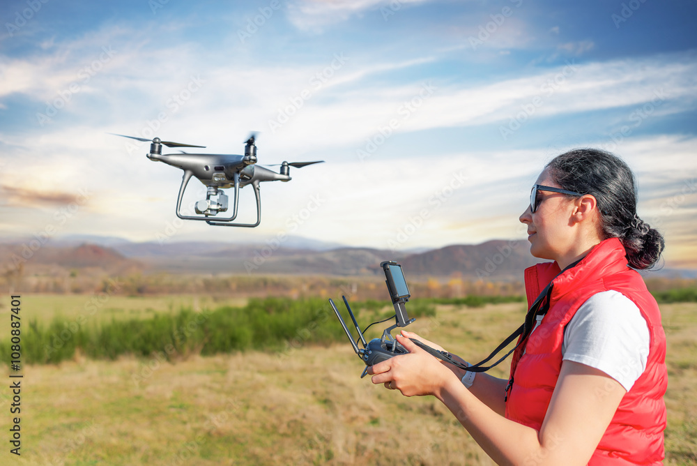 A young woman controls a drone with a remote control in her hands.