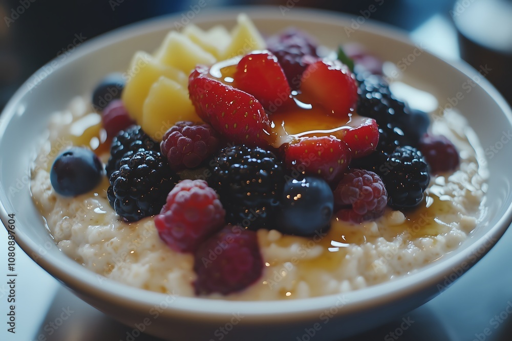 Close-up of a bowl of oatmeal topped with fresh berries and honey Close-up of a bowl of oatmeal topped with fresh berries and honey