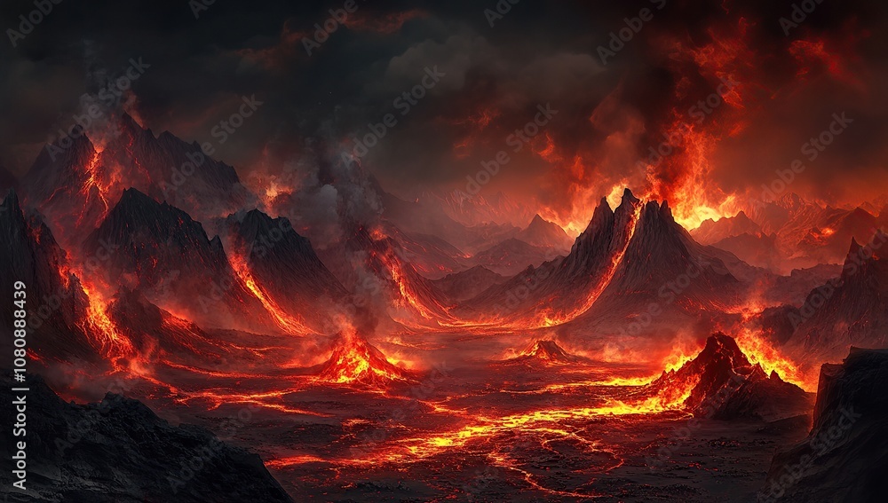 concept art of the landscape of hell, lava and fire, mountains, black sky concept art of the landscape of hell, lava and fire, mountains, black sky