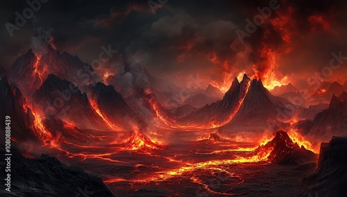 concept art of the landscape of hell, lava and fire, mountains, black sky