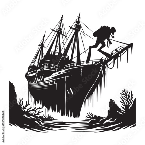 Diver exploring a sunken ship silhouette vector art black color design and solid white background 