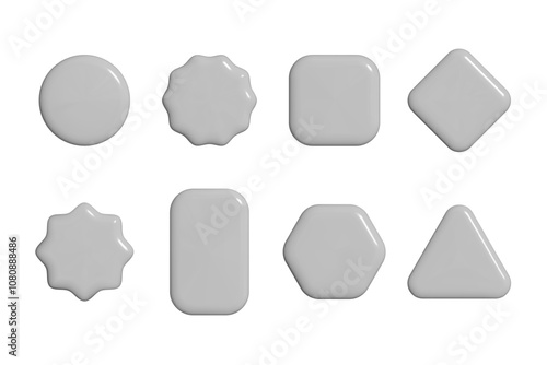 Set of realistic 3d glossy plastic geometric shape buttons in desaturated gray isolated vector illustration