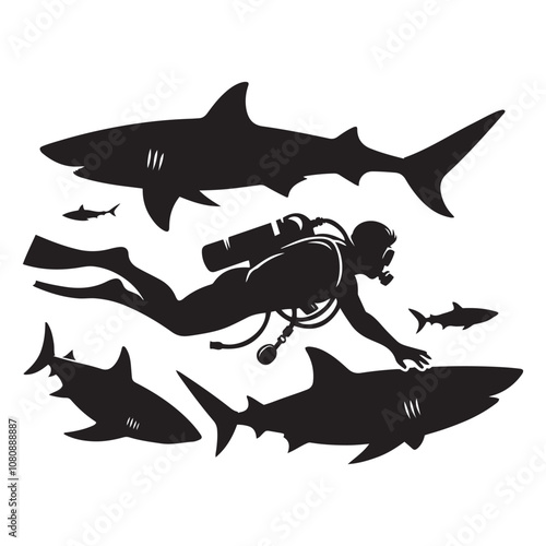 Diver swimming with sharks vector Silhouette art black color design and solid white background