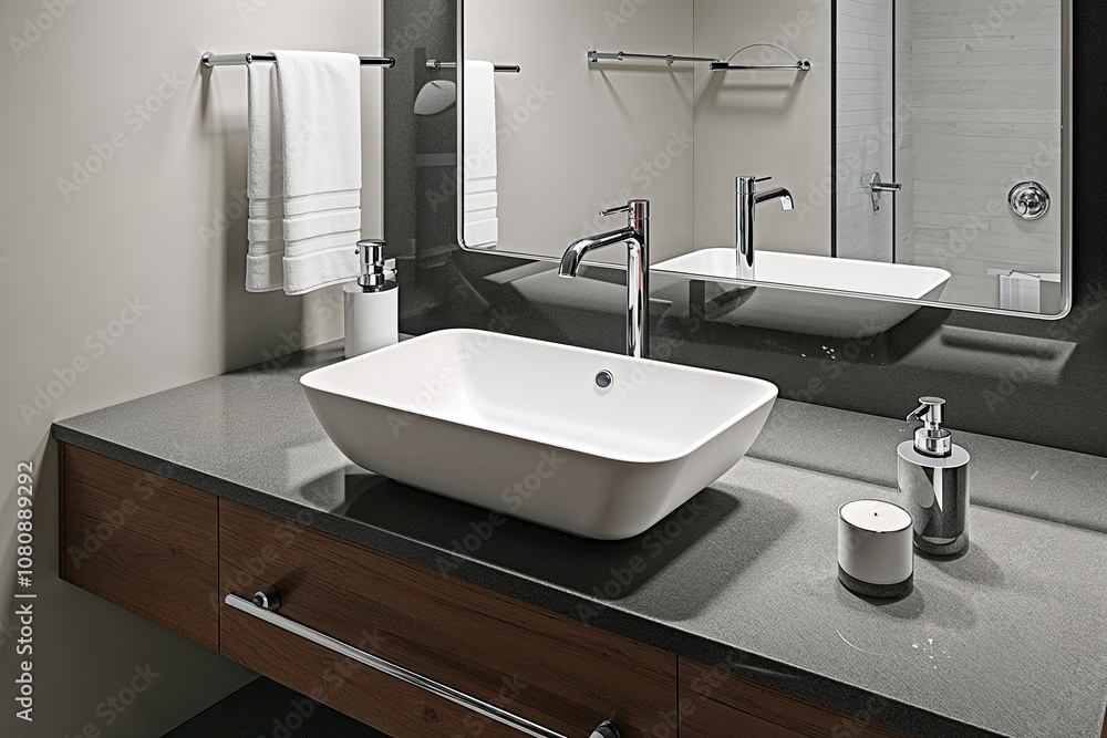 Fototapeta premium Scandinavian Style Bathroom Sink with Quartz Countertop and Chrome Fixtures in 3D Design