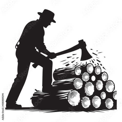 Lumberjack chopping wood silhouette vector art black color design and solid white background 