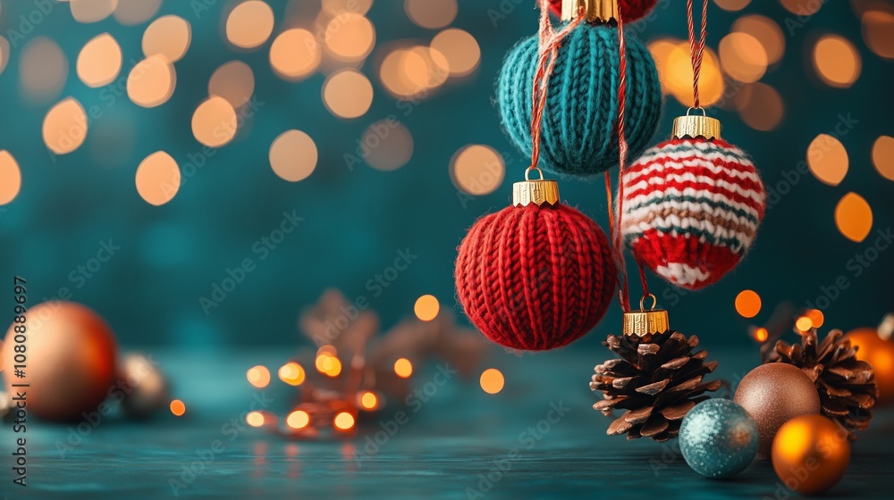 Obraz premium Knitted Christmas balls ornaments. Xmas baubles decoration
