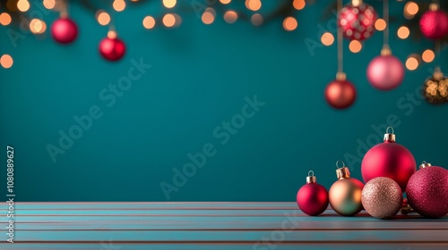 Christmas backround with baubles and lights against green background