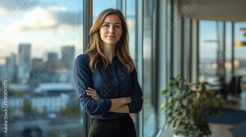 Professional Woman Standing Confidently by a Large Window in a Modern Office, Overlooking a Vibrant City Skyline During the Day