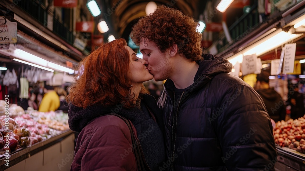 custom made wallpaper toronto digitalCouple Sharing a Romantic Kiss in a Bustling Market Surrounded by Fresh Produce and Colorful Stalls During a Chilly Day