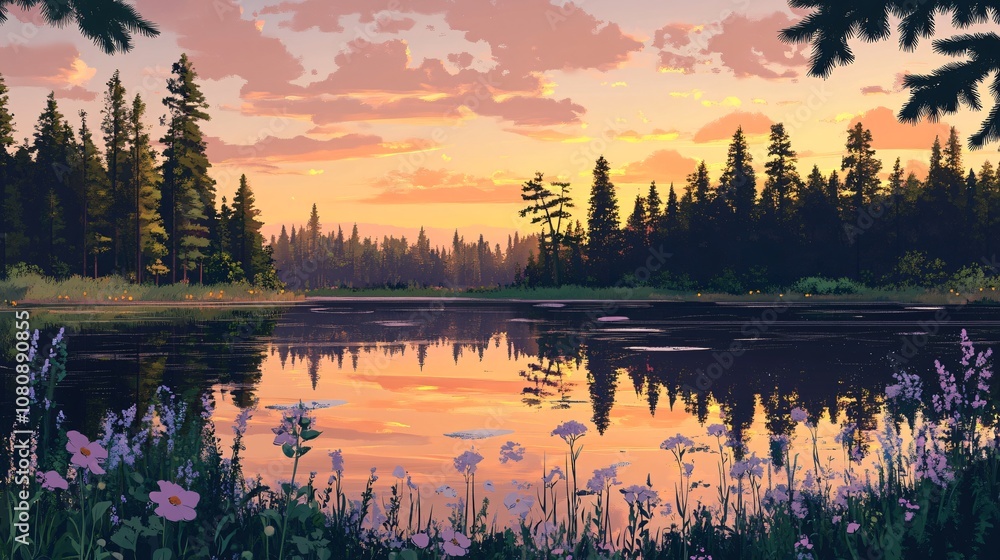 Serene Sunset Over a Tranquil Lake in the Forest Serene Sunset Over a Tranquil Lake in the Forest