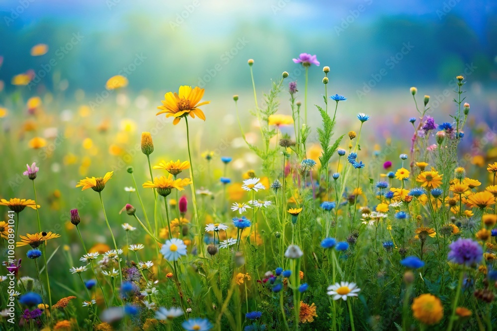 An overgrown and vibrant meadow filled with wildflowers in shades of green and yellow, set against a soft and muted blue background, flowers, nature, scenery, wildlife, outdoors An overgrown and vibrant meadow filled with wildflowers in shades of green and yellow, set against a soft and muted blue background, flowers, nature, scenery, wildlife, outdoors