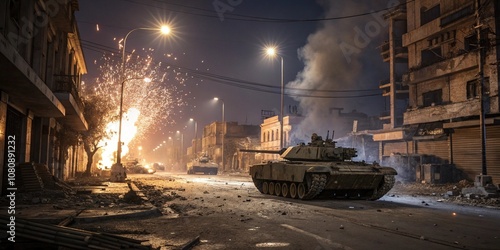 Tank attack in the city battle. Fire and explosions in the urban warfare on city streets. Night fight battle. War Concept. Battle in ruined city.