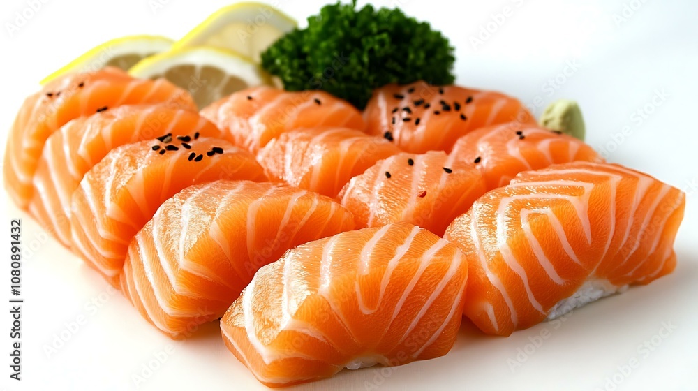 Close-up of premium salmon sashimi slices, isolated on white background Close-up of premium salmon sashimi slices, isolated on white background