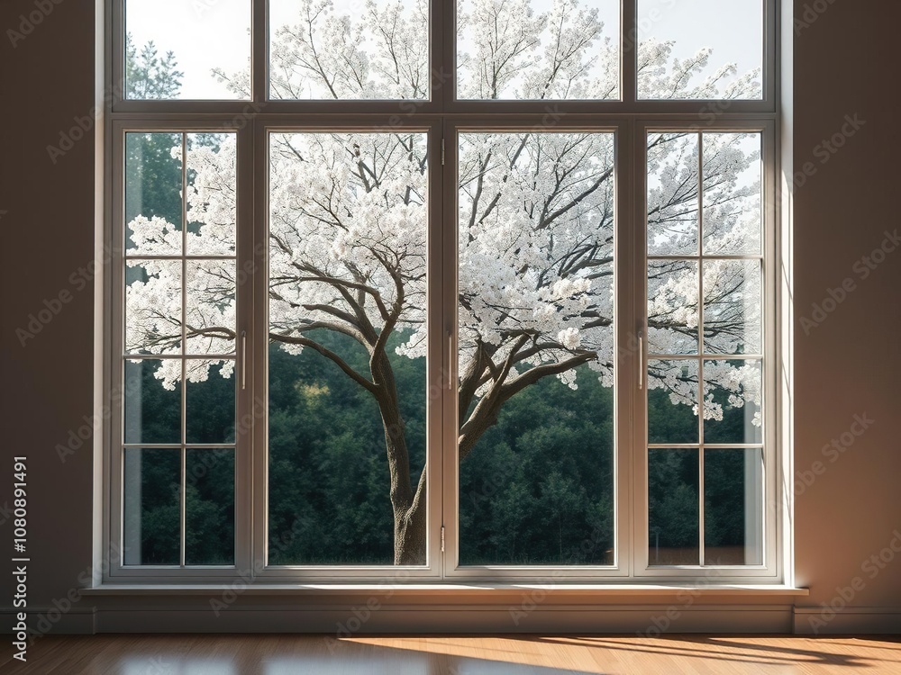 A peaceful scene of a large window with a tree in full bloom just outside, casting a serene and tranquil ambiance into the room, growth, tranquility A peaceful scene of a large window with a tree in full bloom just outside, casting a serene and tranquil ambiance into the room, growth, tranquility