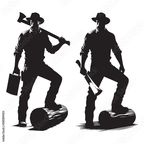Lumberjack chopping wood silhouette vector art black color design and solid white background 