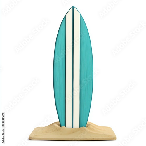 Surfboard on sand, vibrant color, isolated background