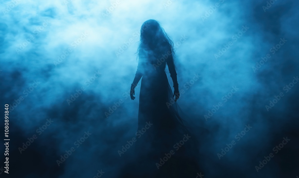 Mysterious silhouette in fog, ethereal figure shrouded in mist, dark atmosphere, haunting presence, eerie lighting, ghostly appearance Mysterious silhouette in fog, ethereal figure shrouded in mist, dark atmosphere, haunting presence, eerie lighting, ghostly appearance