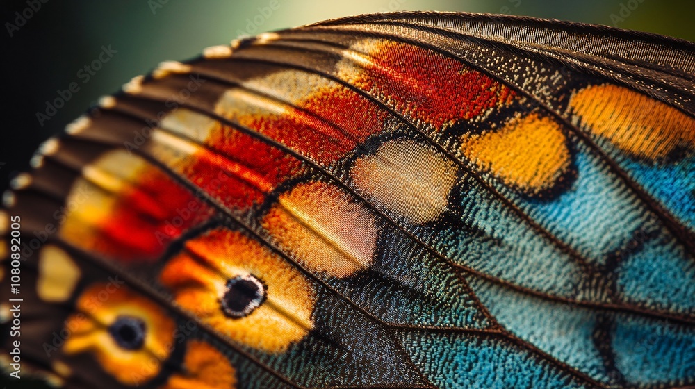 Detailed close-up of butterfly wing with vibrant colors and intricate textures. Macro image showing natural beauty and complexity of insect anatomy. Butterfly wing and nature's design concept for desi Detailed close-up of butterfly wing with vibrant colors and intricate textures. Macro image showing natural beauty and complexity of insect anatomy. Butterfly wing and nature's design concept for desi