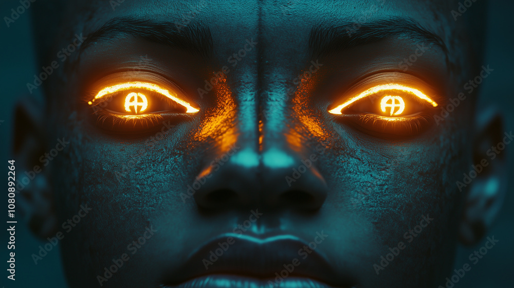 Two faces partially visible, with glowing, matching symbols on their foreheads Two faces partially visible, with glowing, matching symbols on their foreheads