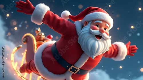 A cheerful Santa Claus riding a magical sleigh in the night sky, with a glowing moon and sparkling stars in the christmas background. closeup flying santa claus happymood riding and flying his sleigh. photo