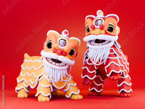 3D Rendered Chinese New Year Lion Dance on a Red Background, Colored in Red and Gold  photo