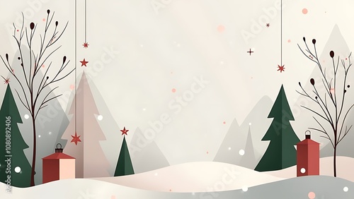 A BackgroundFull indoor shot of a stylized Christmas scene.  art illustration image, minimal style background, landscape Christmas banner, creative invitation card horizontal photo