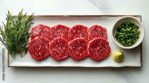 Wagyu beef slices arranged in a fan shape, isolated on white background photo