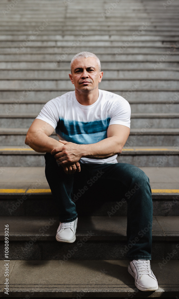 A man in a white shirt and blue jeans sits on a set of stairs. He is looking at the camera with a serious expression A man in a white shirt and blue jeans sits on a set of stairs. He is looking at the camera with a serious expression